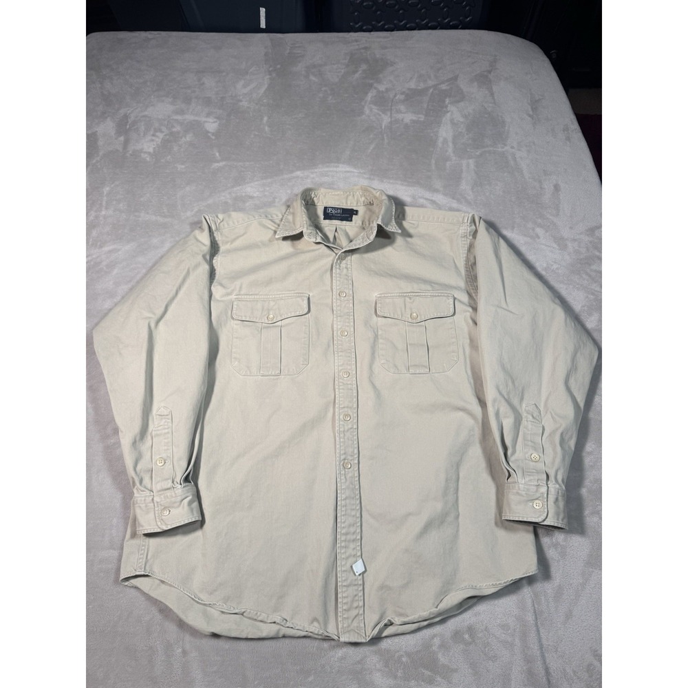 Vintage 90s Polo Ralph Lauren Military Shirt XL Beige Tan Cotton MADE IN USA